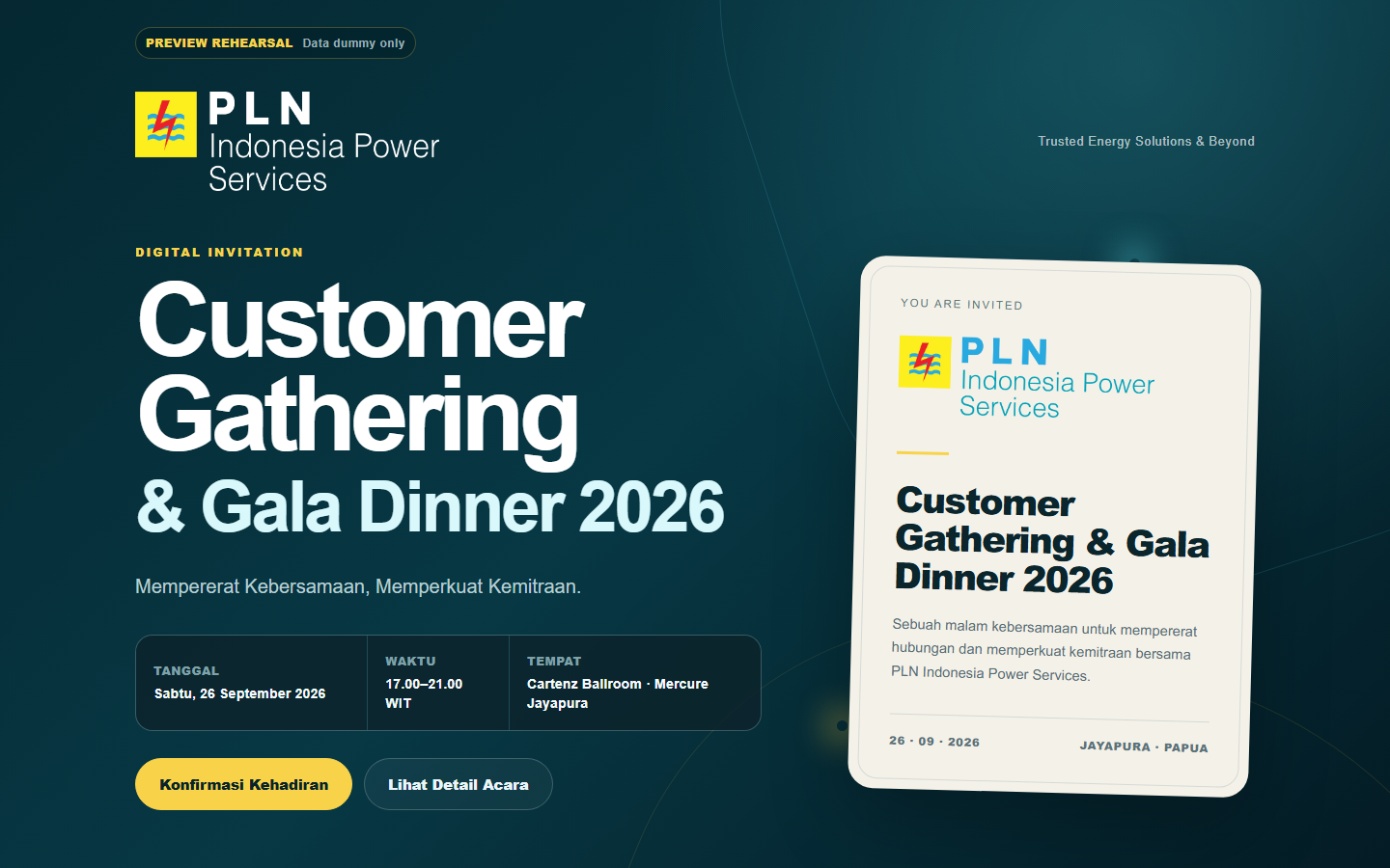 Screenshot preview Event OS berupa undangan digital Customer Gathering & Gala Dinner 2026 dengan data dummy.