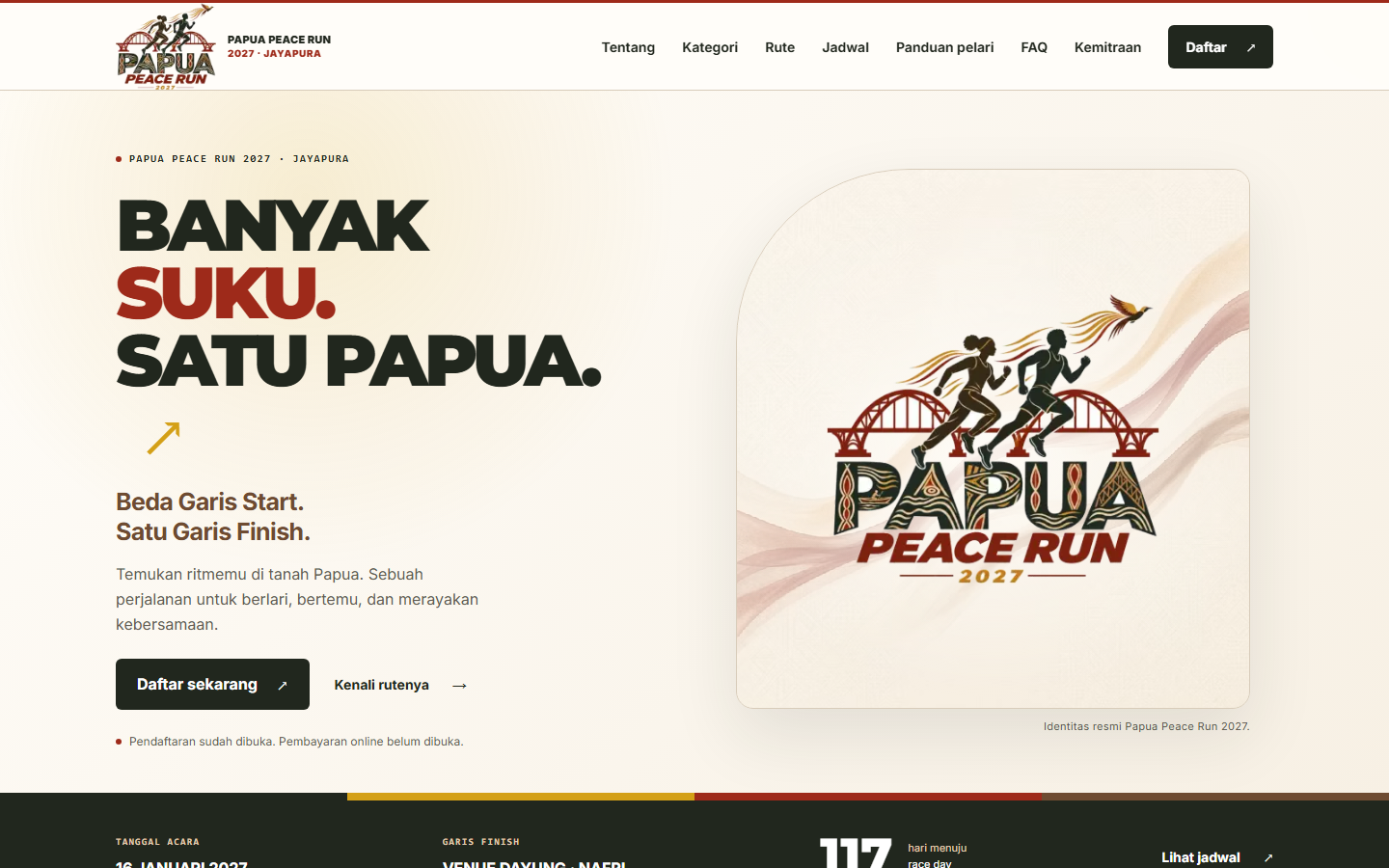 Tangkapan layar halaman publik Sistem Event Lari Papua Peace Run 2027 dengan hero Banyak Suku. Satu Papua.