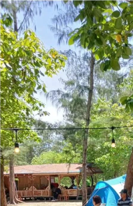 Pondok kayu dan bangku di bawah pepohonan, tenda biru di samping, area camping Injros View